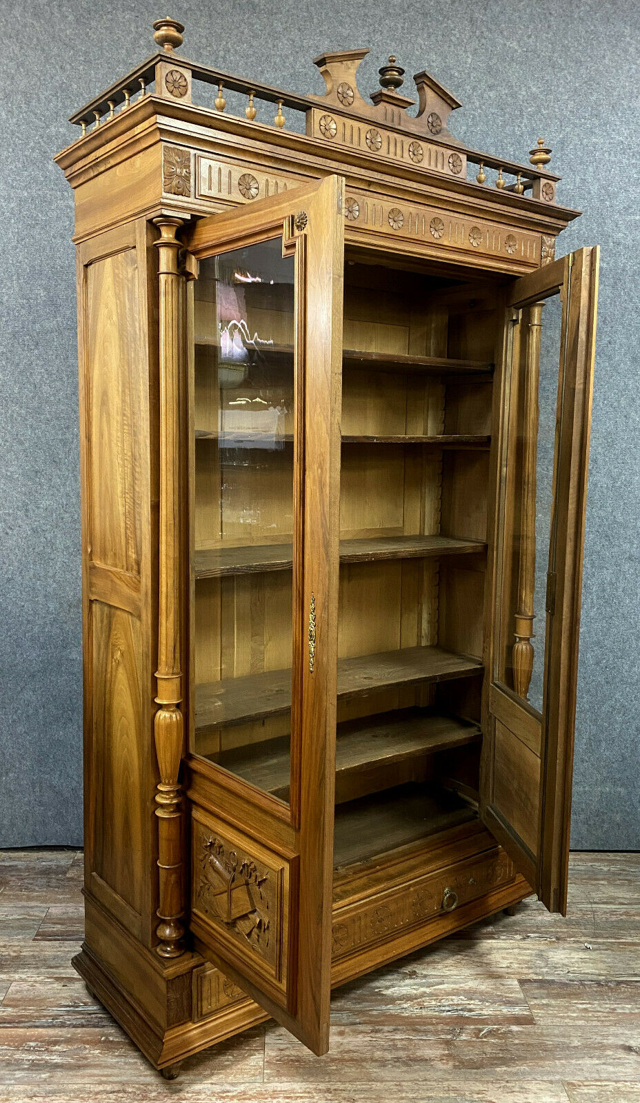 Renaissance library in solid walnut around 1850