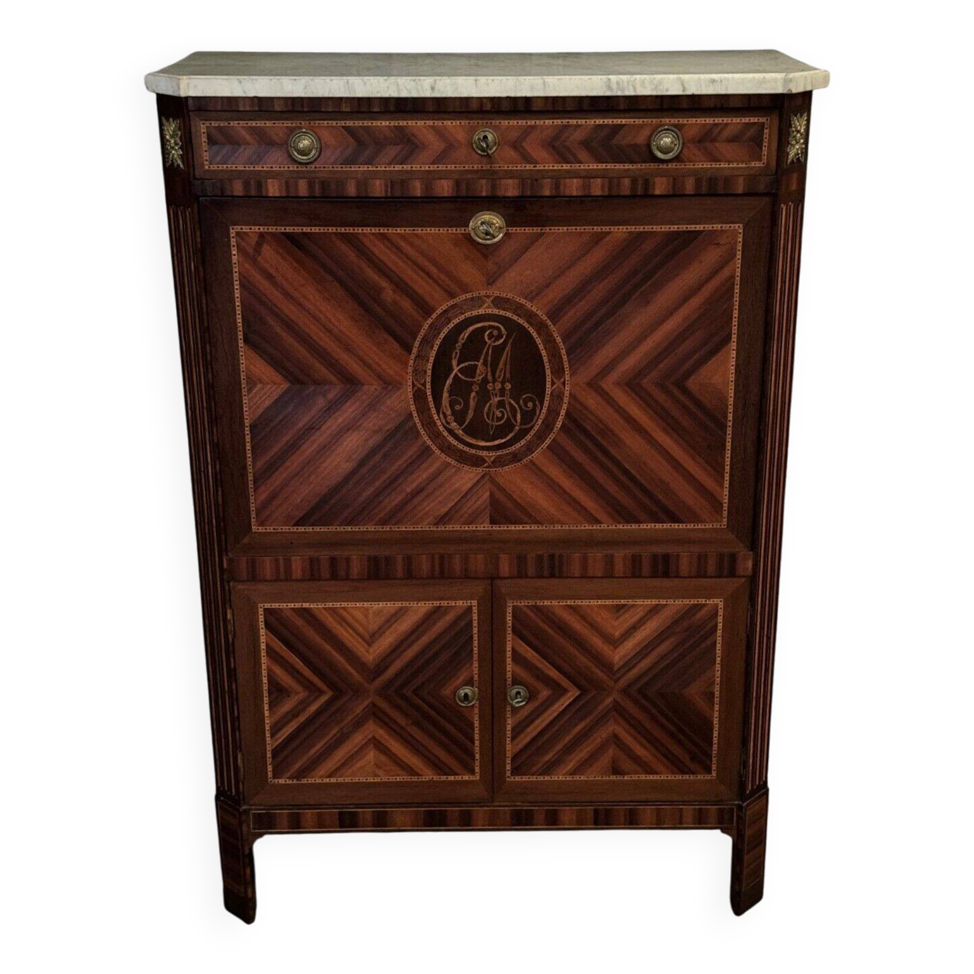 Louis XVI period secretary in monogram marquetry and white marble