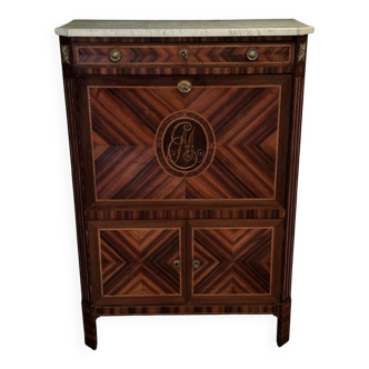 Louis XVI period secretary in monogram marquetry and white marble