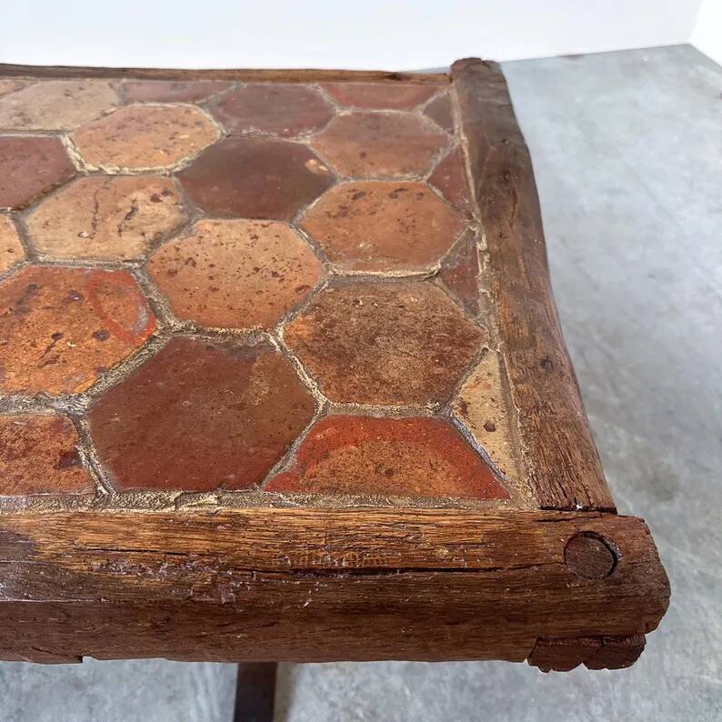 Vintage French Coffee Table in Terracotta with Oak and Iron Legs, Mid-20th Century