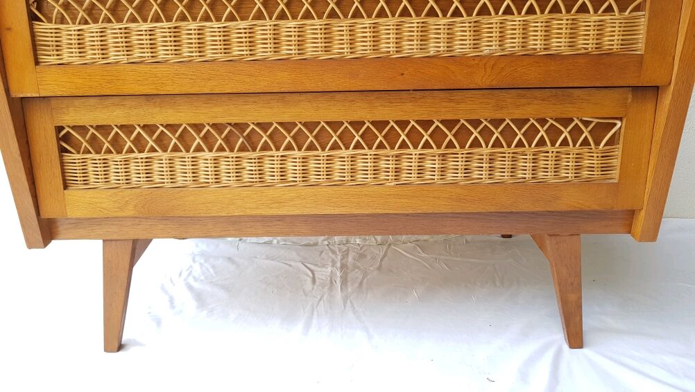 Chest of drawers wood and rattan 60s