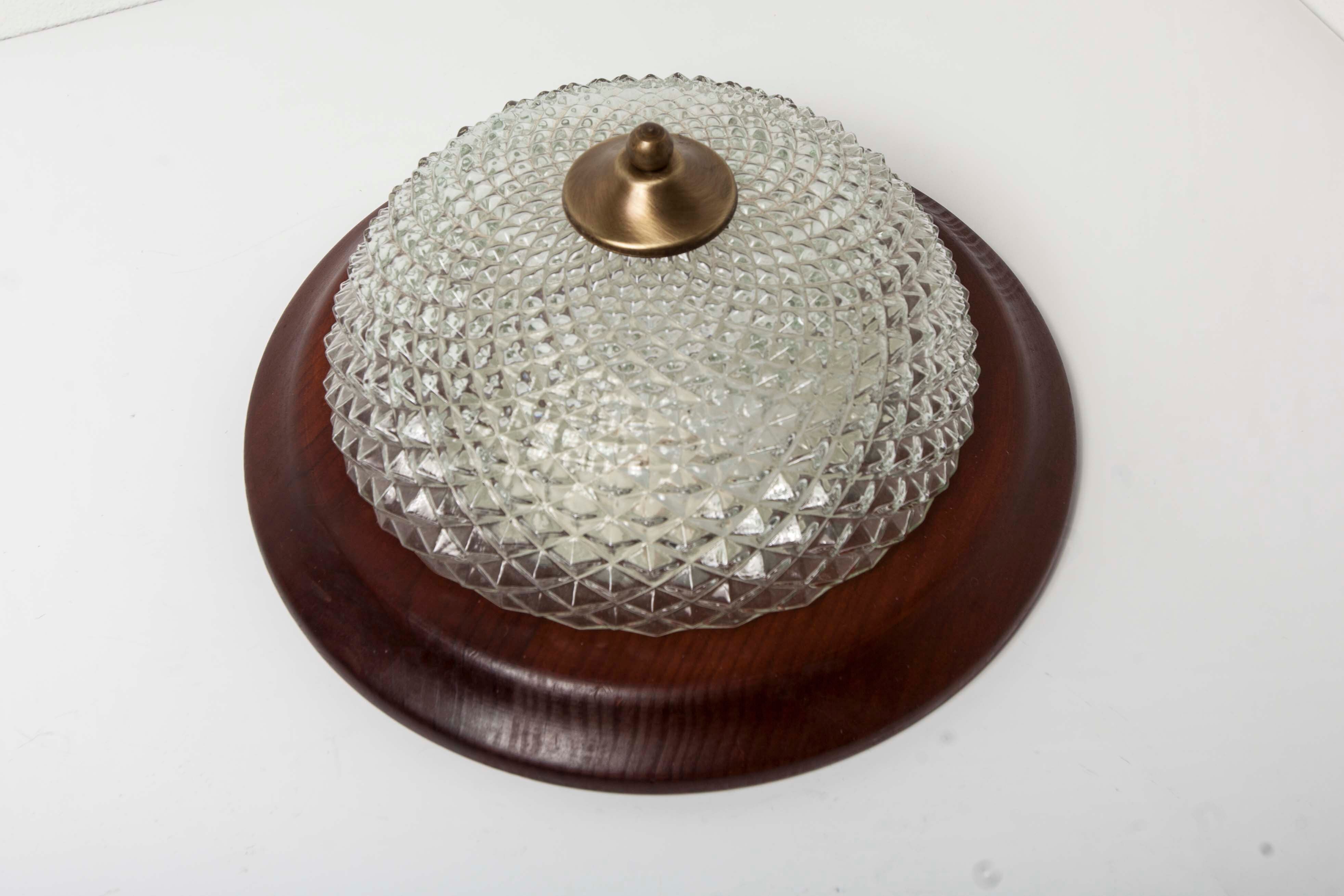 Ceiling light in glass, wood massif and brass of the 1960s