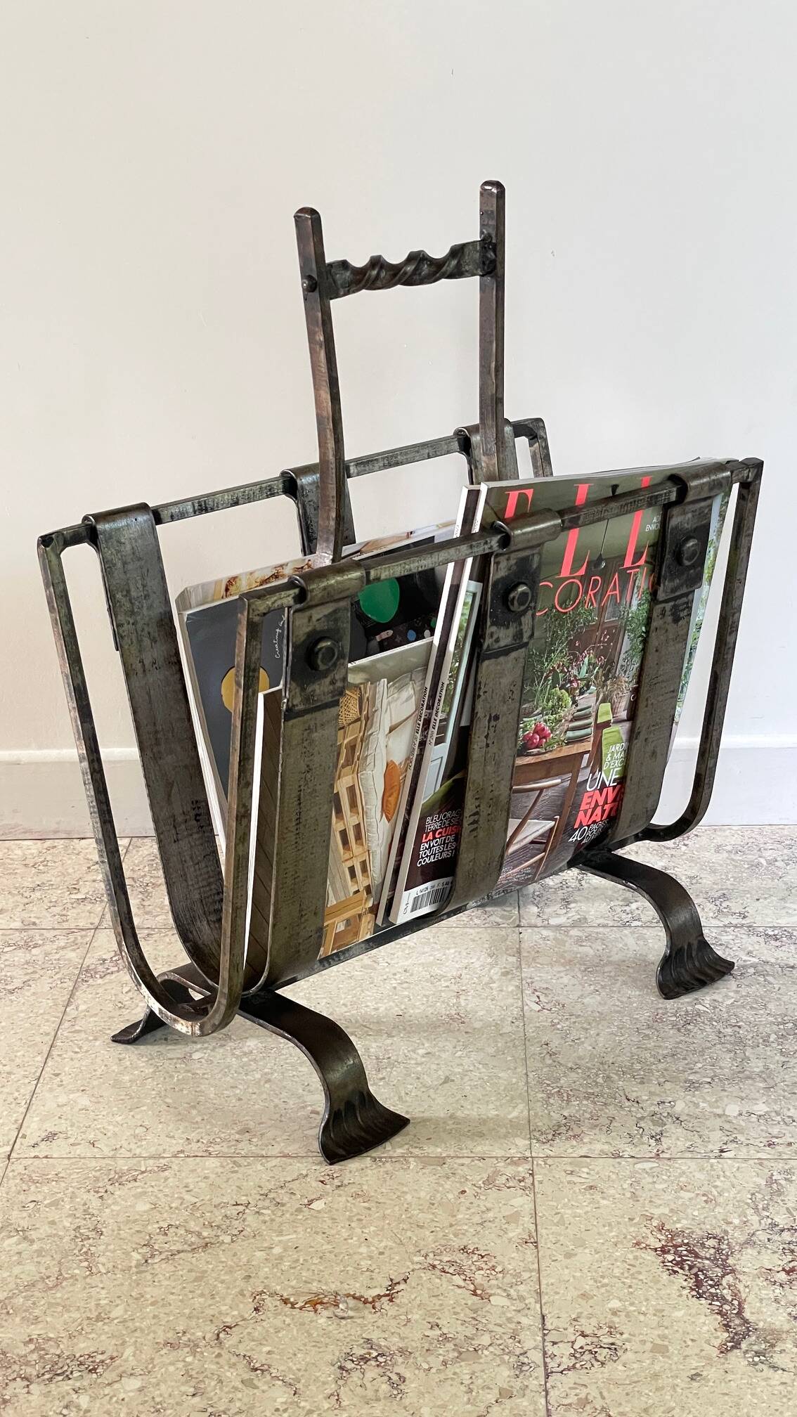 Brutalist vintage steel magazine rack