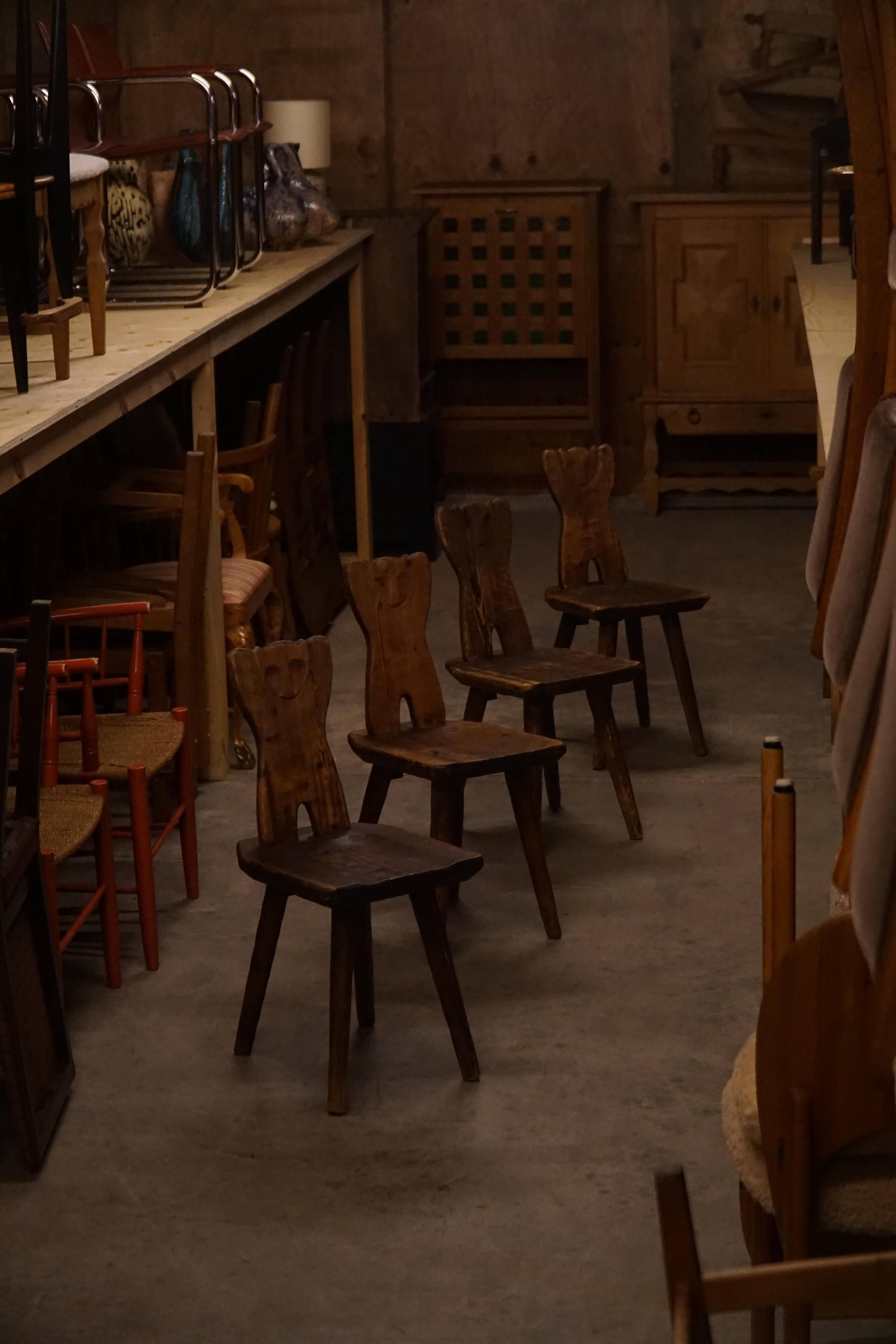 Mid-century Swedish ensemble, set of 4 "Sports Cabin" chairs handmade in pine, 1940s.