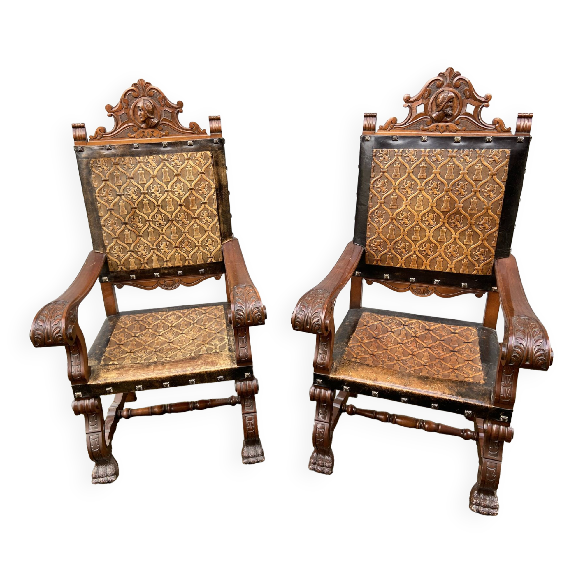 Pair of Throne Armchairs Spanish Renaissance style French Spanish armchair leather from Cordoba 1960s