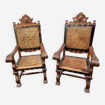 Pair of Throne Armchairs Spanish Renaissance style French Spanish armchair leather from Cordoba 1960s