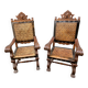 Paire de Fauteuils Trône style renaissance espagnole french spanish armchair cuir de Cordoue 1960s
