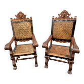 Paire de Fauteuils Trône style renaissance espagnole french spanish armchair cuir de Cordoue 1960s