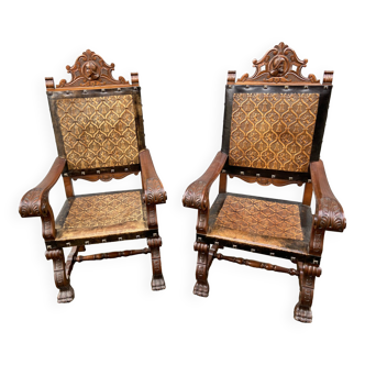 Pair of Throne Armchairs Spanish Renaissance style French Spanish armchair leather from Cordoba 1960s