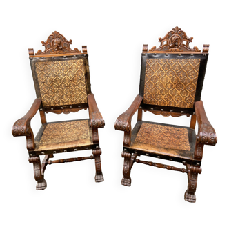 Paire de Fauteuils Trône style renaissance espagnole french spanish armchair cuir de Cordoue 1960s