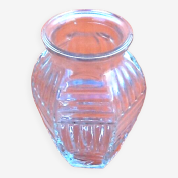 Hexagonal vase in Art Deco style Transparent molded glass Geometric decoration