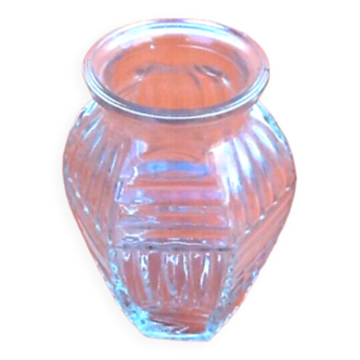 Hexagonal vase in Art Deco style Transparent molded glass Geometric decoration