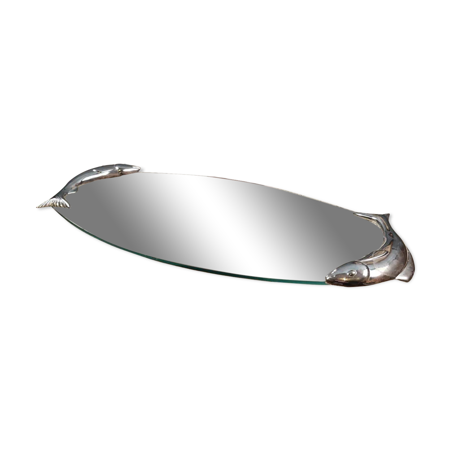 SILEA fish serving platter or dish in glass, with silver fish handles.