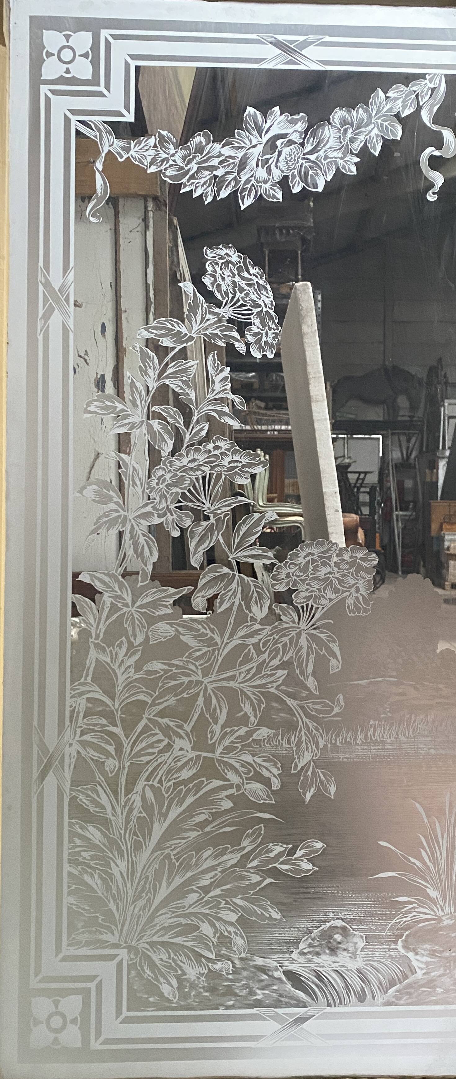 Set of three Art Nouveau 20th-century wooden and etched glass partition doors