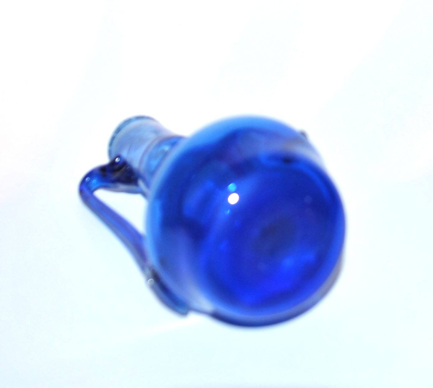 Antique blue blown glass candle holder ras de cave vase folk art 19th c.