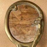 Ancien miroir art nouveau face a main bronze doré décor fleurs vintage