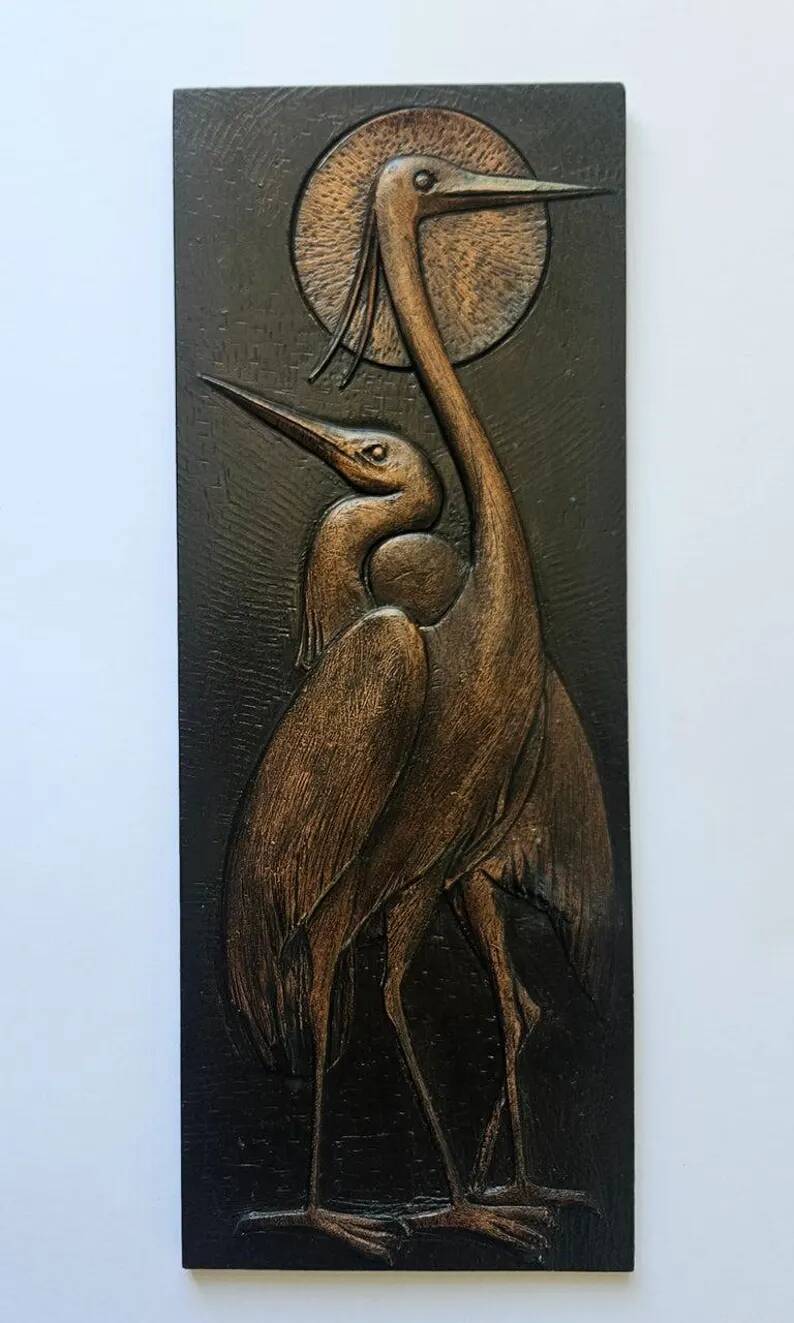 Rare Wall Wood Relief Sculpture of Herons, 1960s