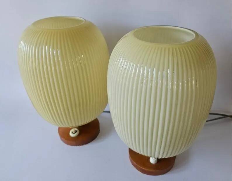 Rare Pair of Table Lamps, Glass and Wood, 1960s