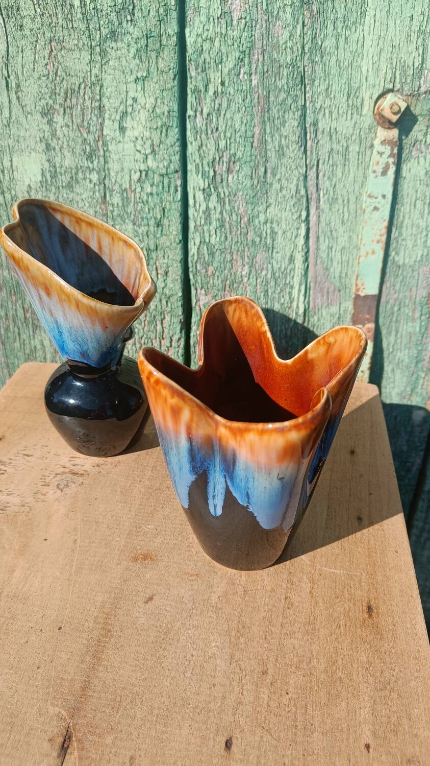 "Pair of vintage glazed ceramic vases – blue flamed glaze – ann"