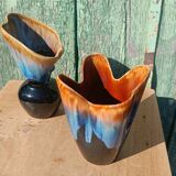 "Pair of vintage glazed ceramic vases – blue flamed glaze – ann"