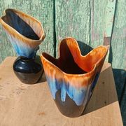 "Pair of vintage glazed ceramic vases – blue flamed glaze – ann"