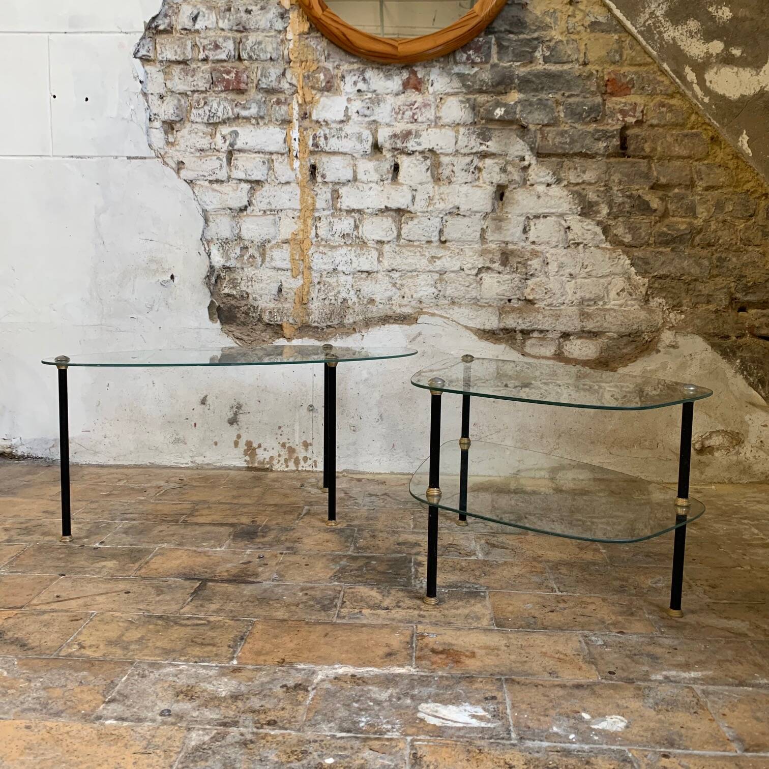 Pair of two 1950s glass and metal coffee tables, in the style of Edoardo Paoli