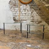 Pair of 2 glass and metal coffee tables from the 1950s, in the style of Edoardo Paoli