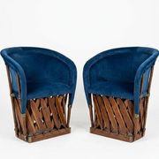 Mexican Equipal Style Chairs in Navy Blue Velvet by Wim Rietveld, Set of 2