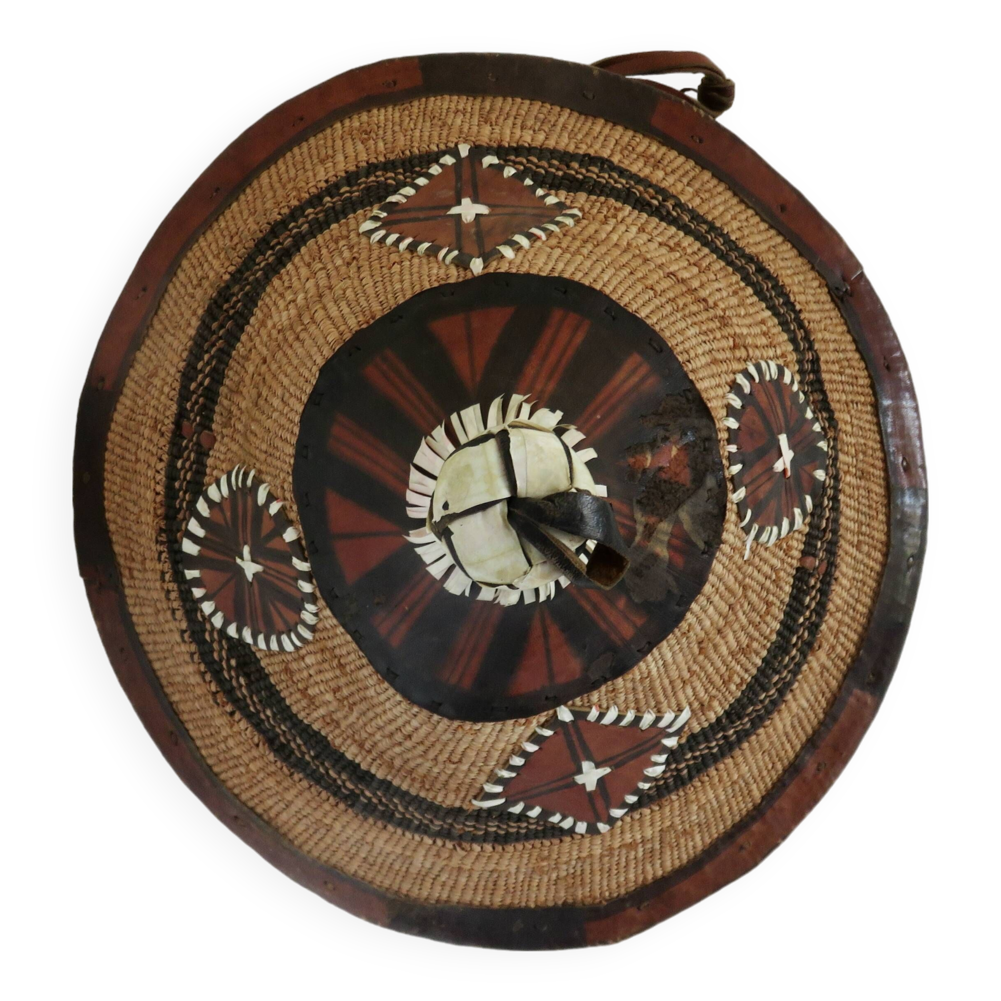 African conical hat, Fulani, in leather and braided rope, 1900, wall decoration