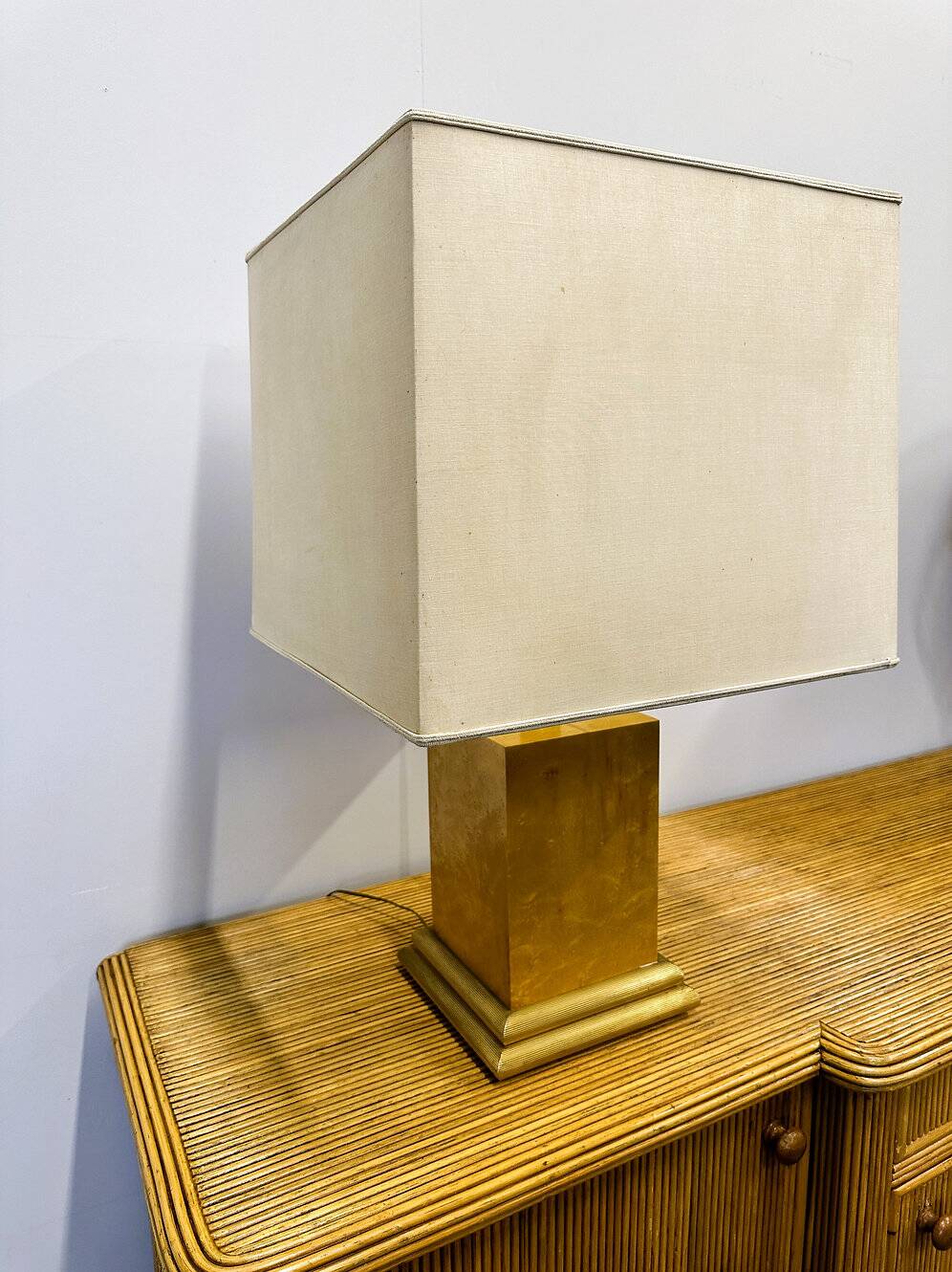 Vintage burlwood rectangular table lamp, France 1980s