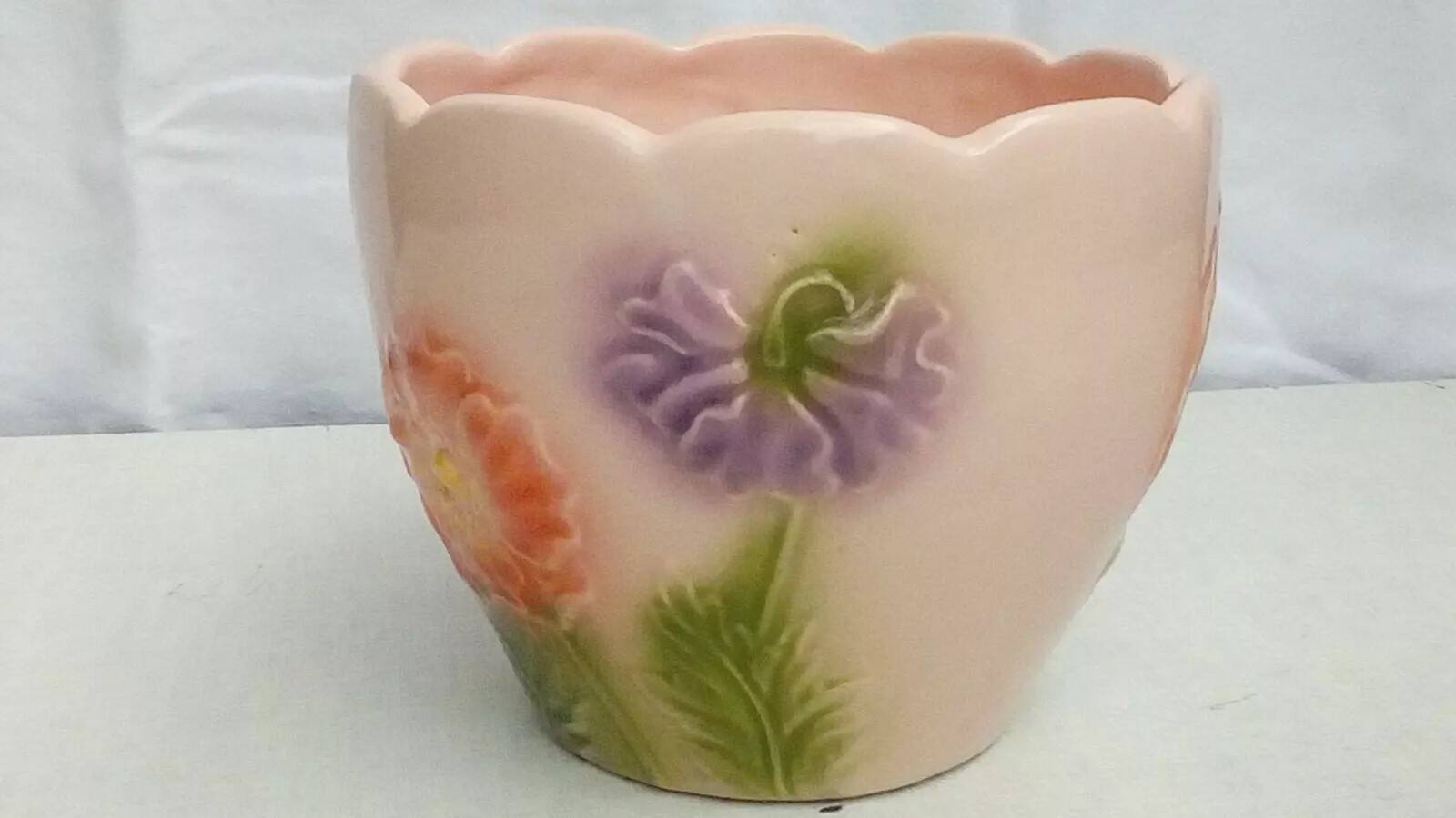 Barbotine earthenware planter with poppy flower decor
