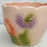 Barbotine earthenware planter with poppy flower decor
