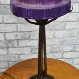 Lampe en fer forgé et verre moulé - décor de rose - vers 1900