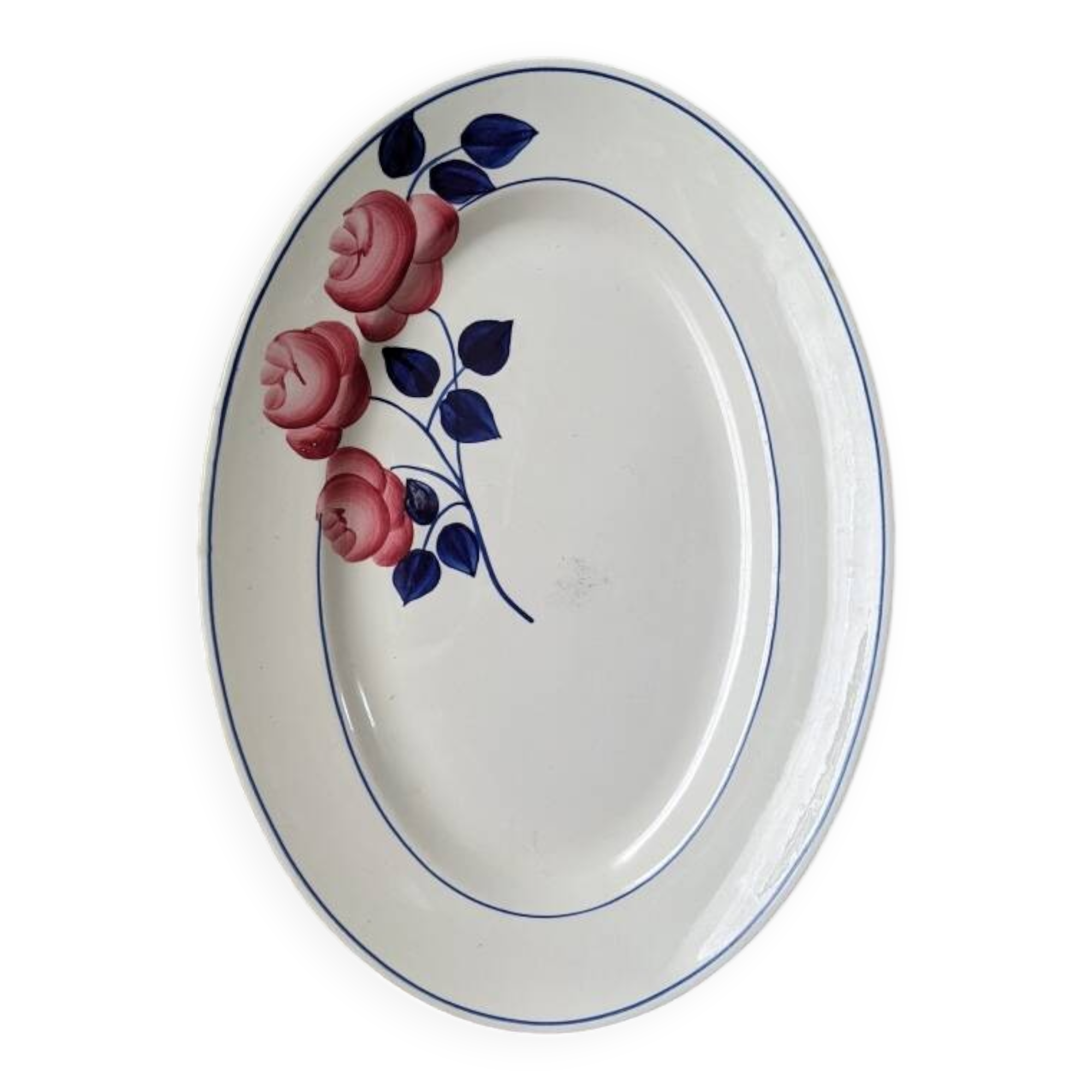 Antique oval ceramic dish with hand-painted floral decoration, country decor