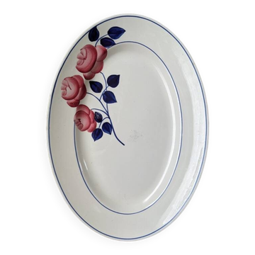 Plat ovale en céramique ancien décor floral peint à la main déco campagne