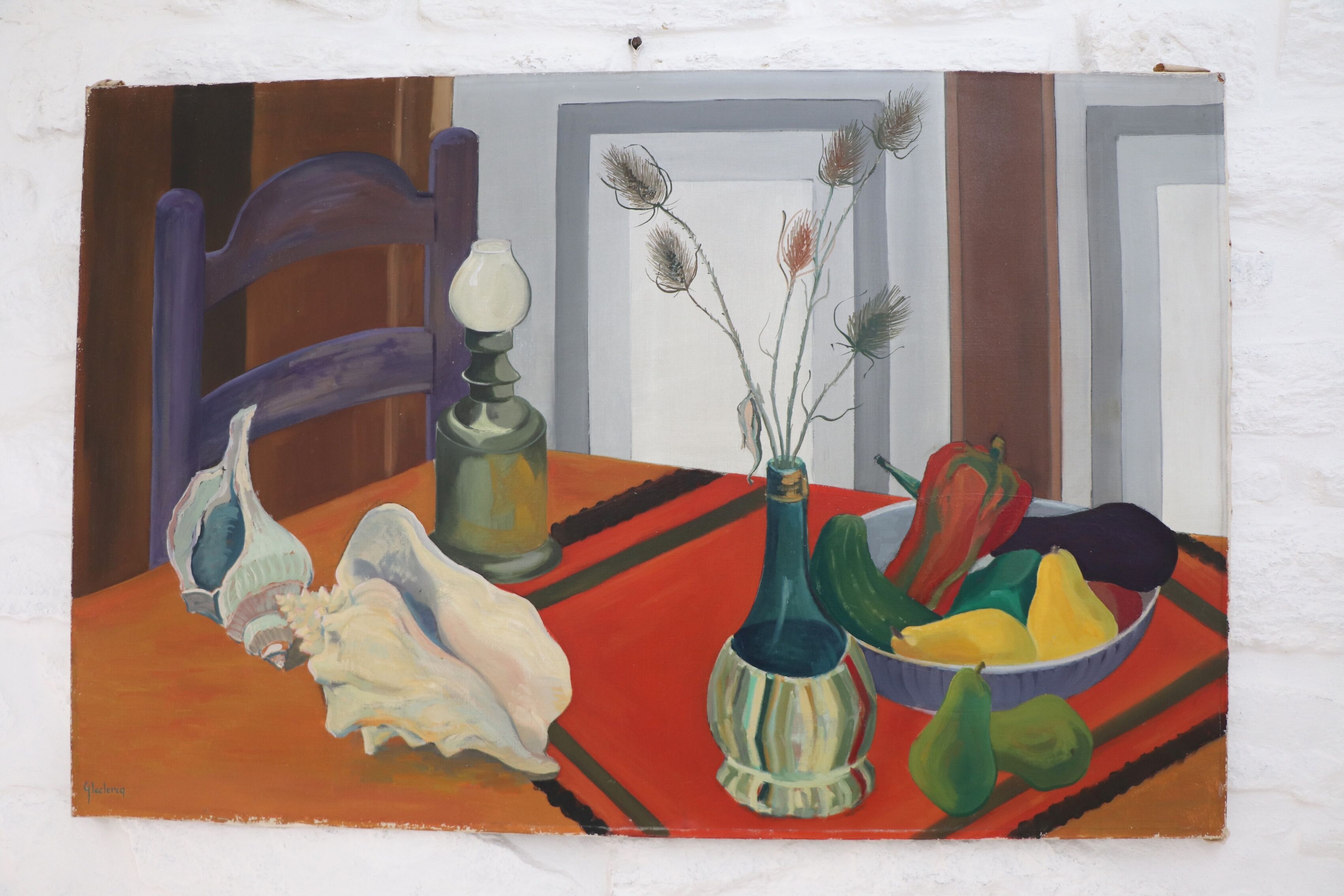Still life with shells on striped tablecloth, Guy Leclercq, 20th century