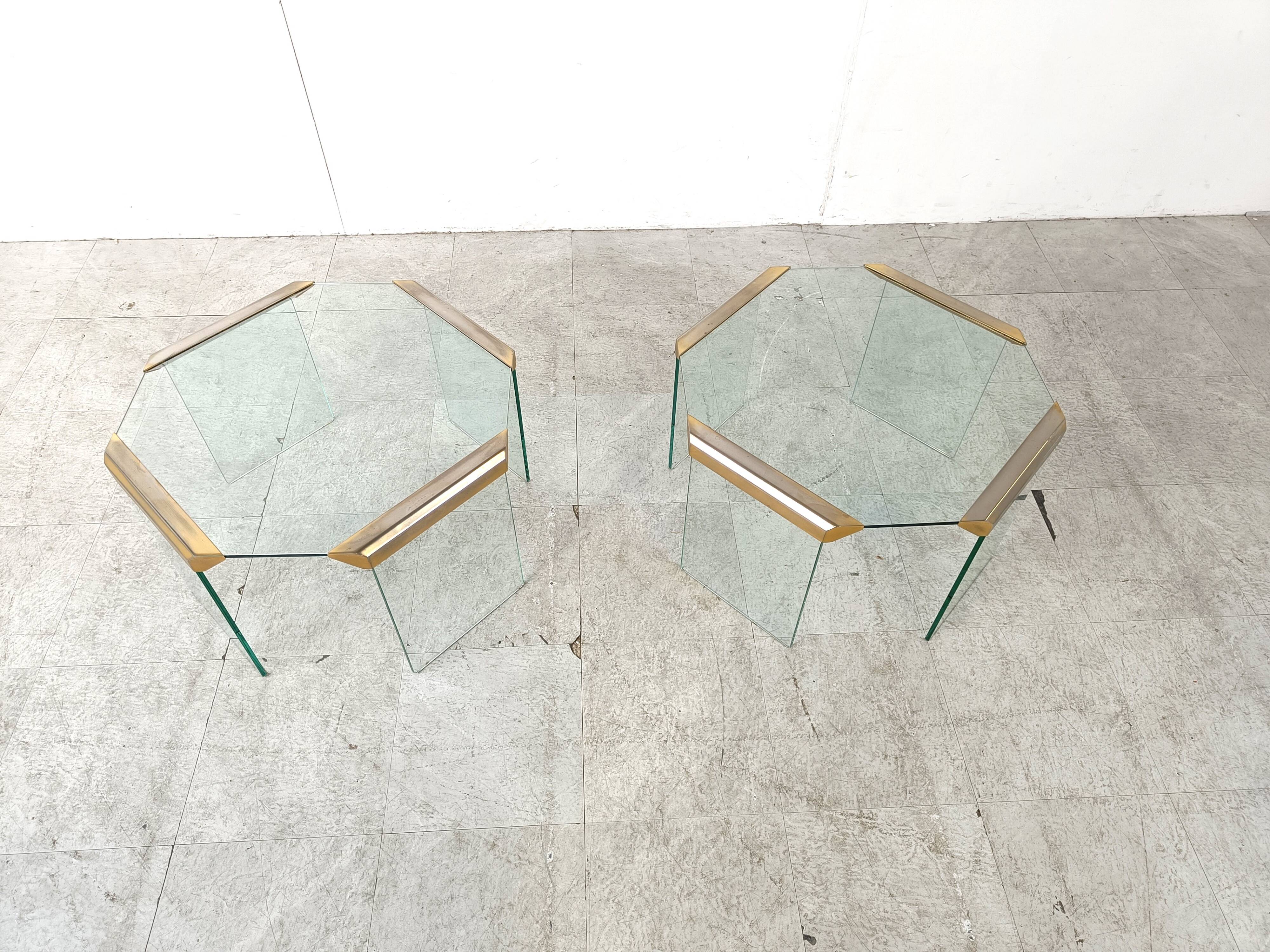 Pair of vintage brass and glass side tables,  1970s