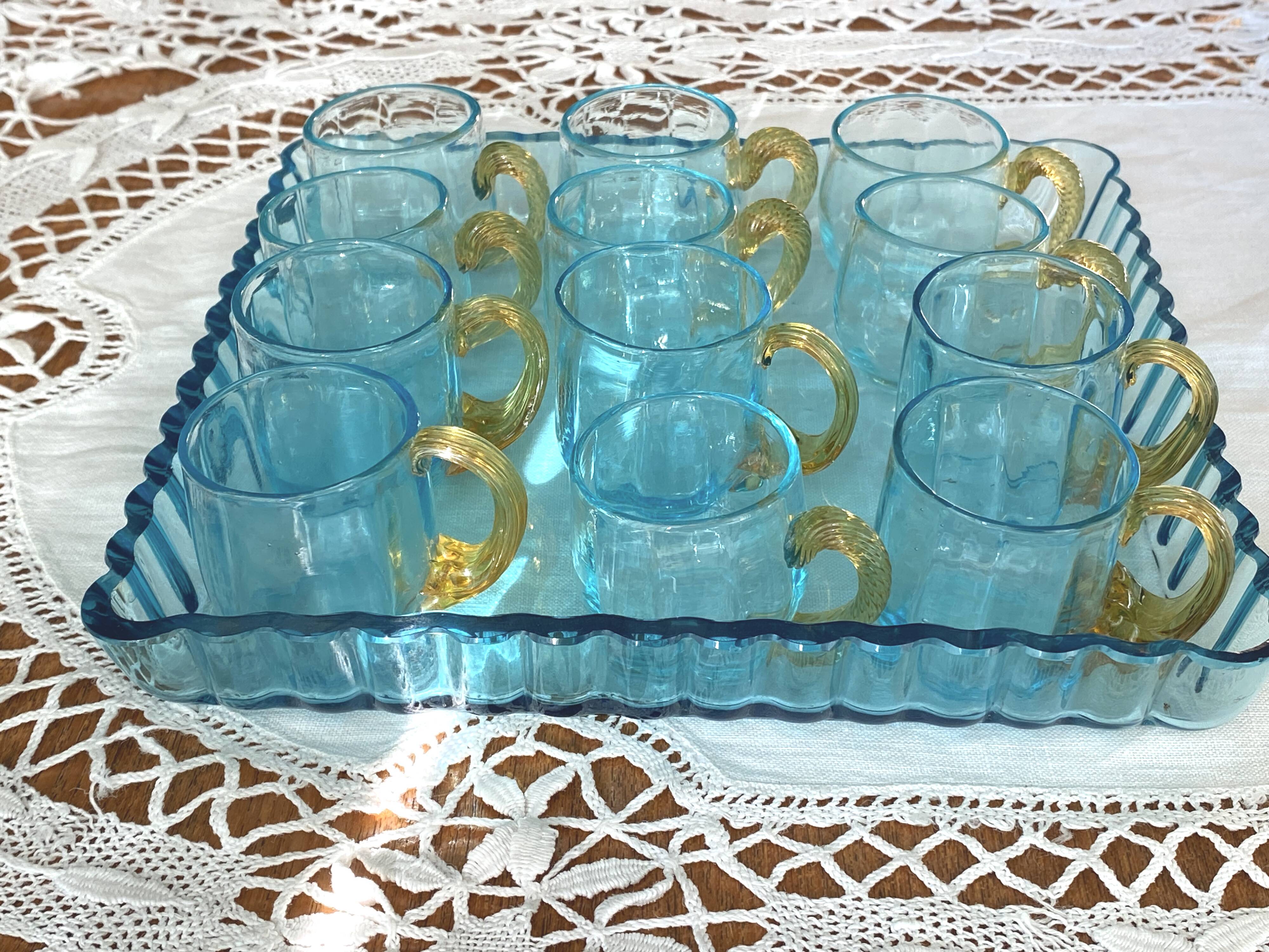 Antique Georges Sand blue and amber liqueur set - 12 glasses and tray