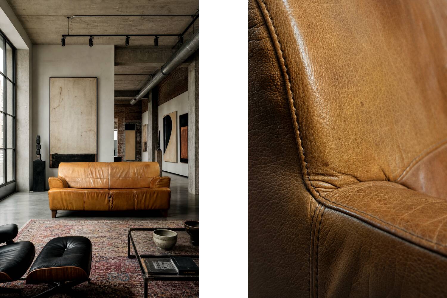 Canapé 3 places en cuir marron industriel vintage des années 1960, style mid-century modern