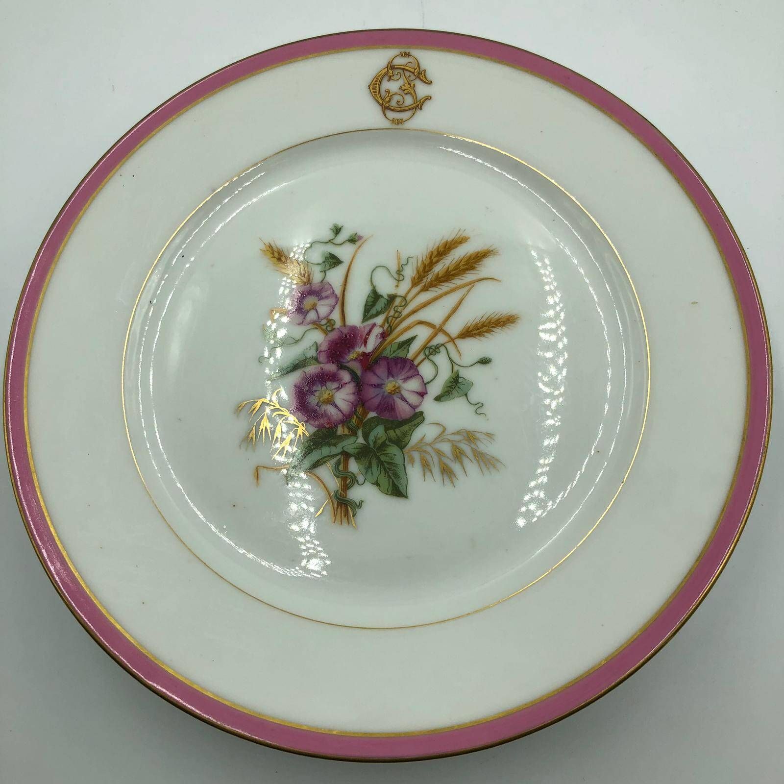 Old cake dish, fruit bowl, porcelain compote bowl decorated with flowers and ears of corn. A. Collin Paris