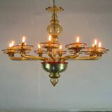 Venetian chandelier in gilded Murano glass highlighted with a red net, Venini circa 1940
