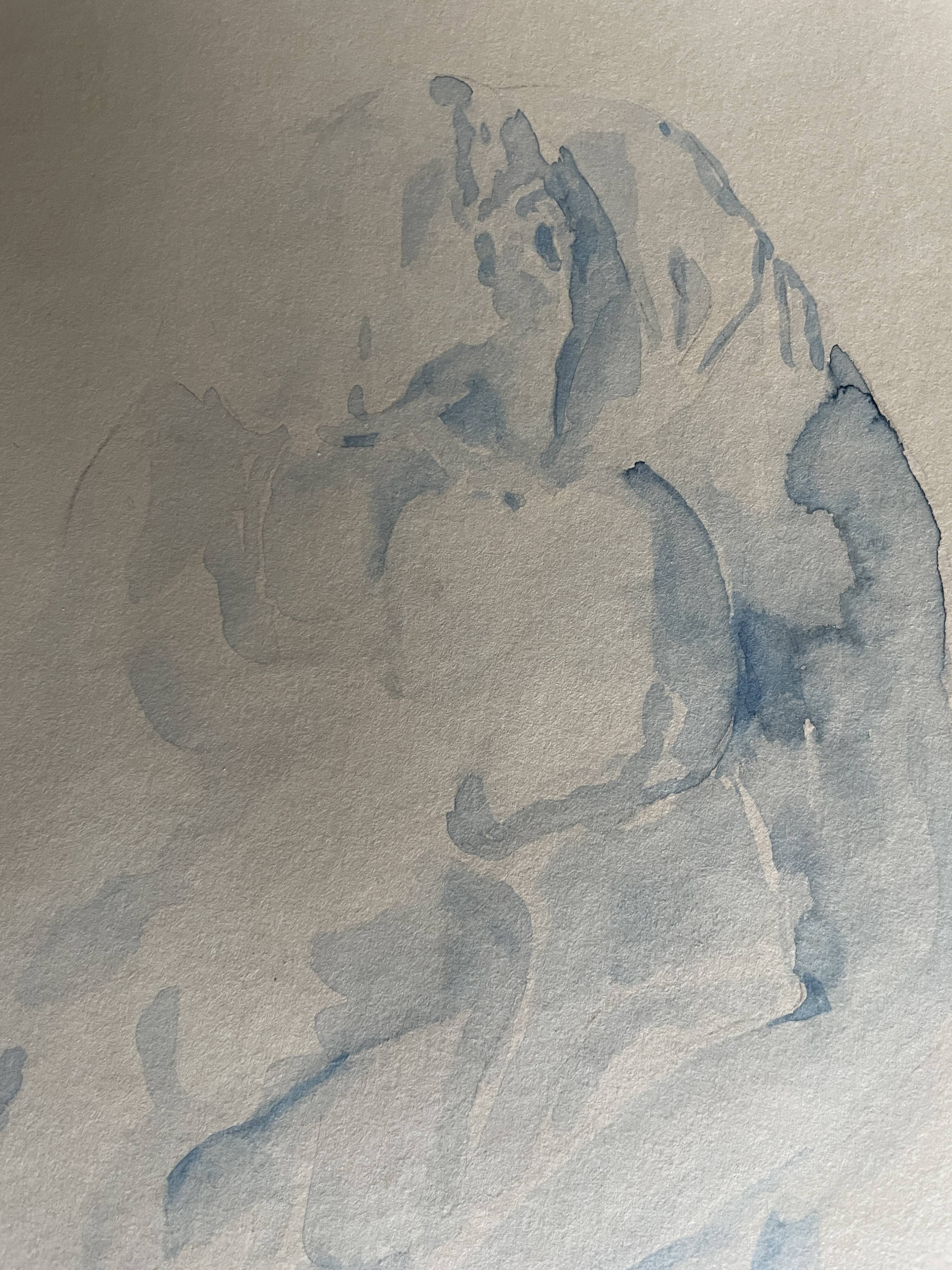 Signed watercolour monochrome blue study of the statue "The Kiss by Rodin"