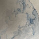 Tableau signé aquarelle monochrome bleue étude de la statue  « le baiser de Rodin »
