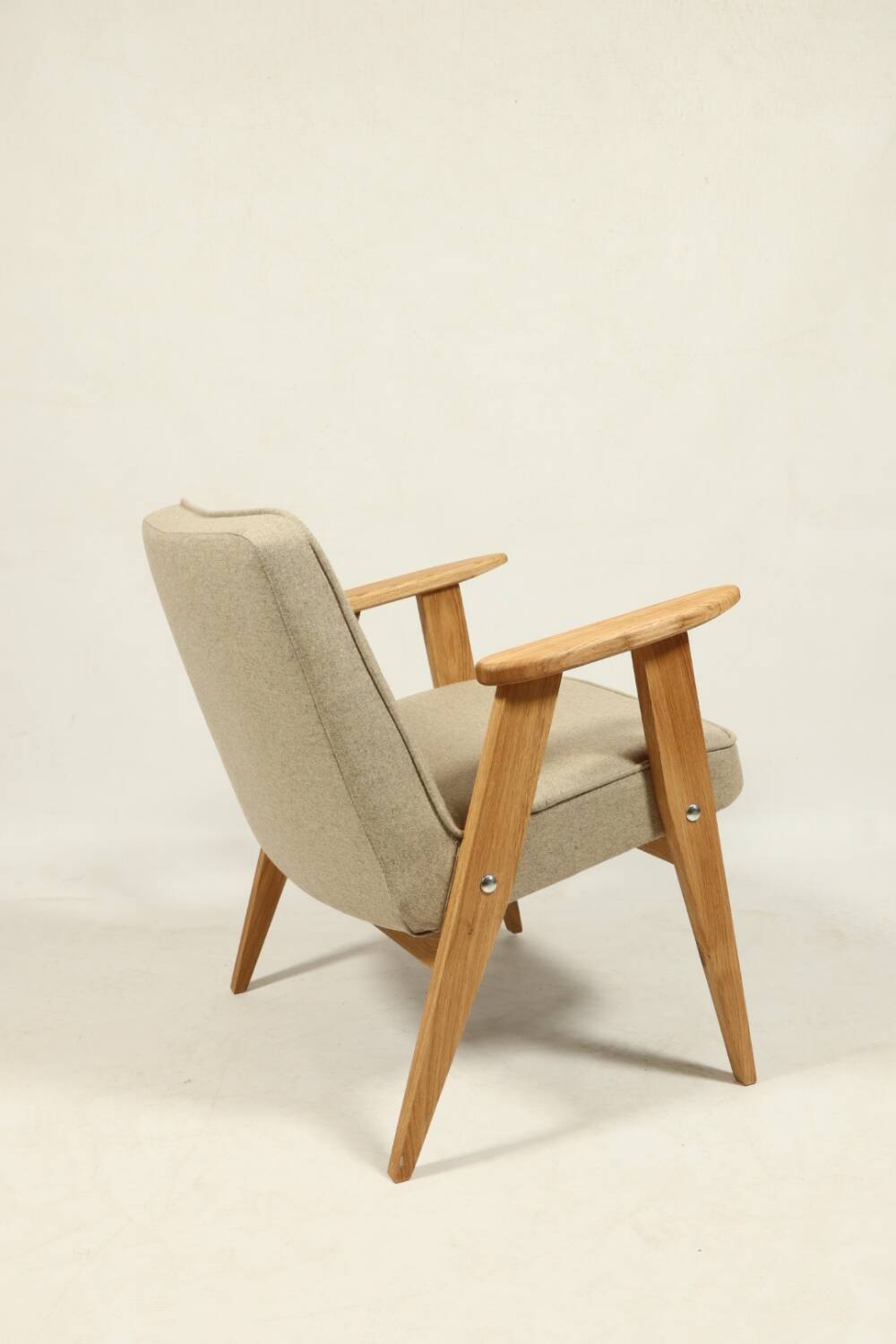 Scandinavian armchair beige wool natural oak wood chair design by Chierovski