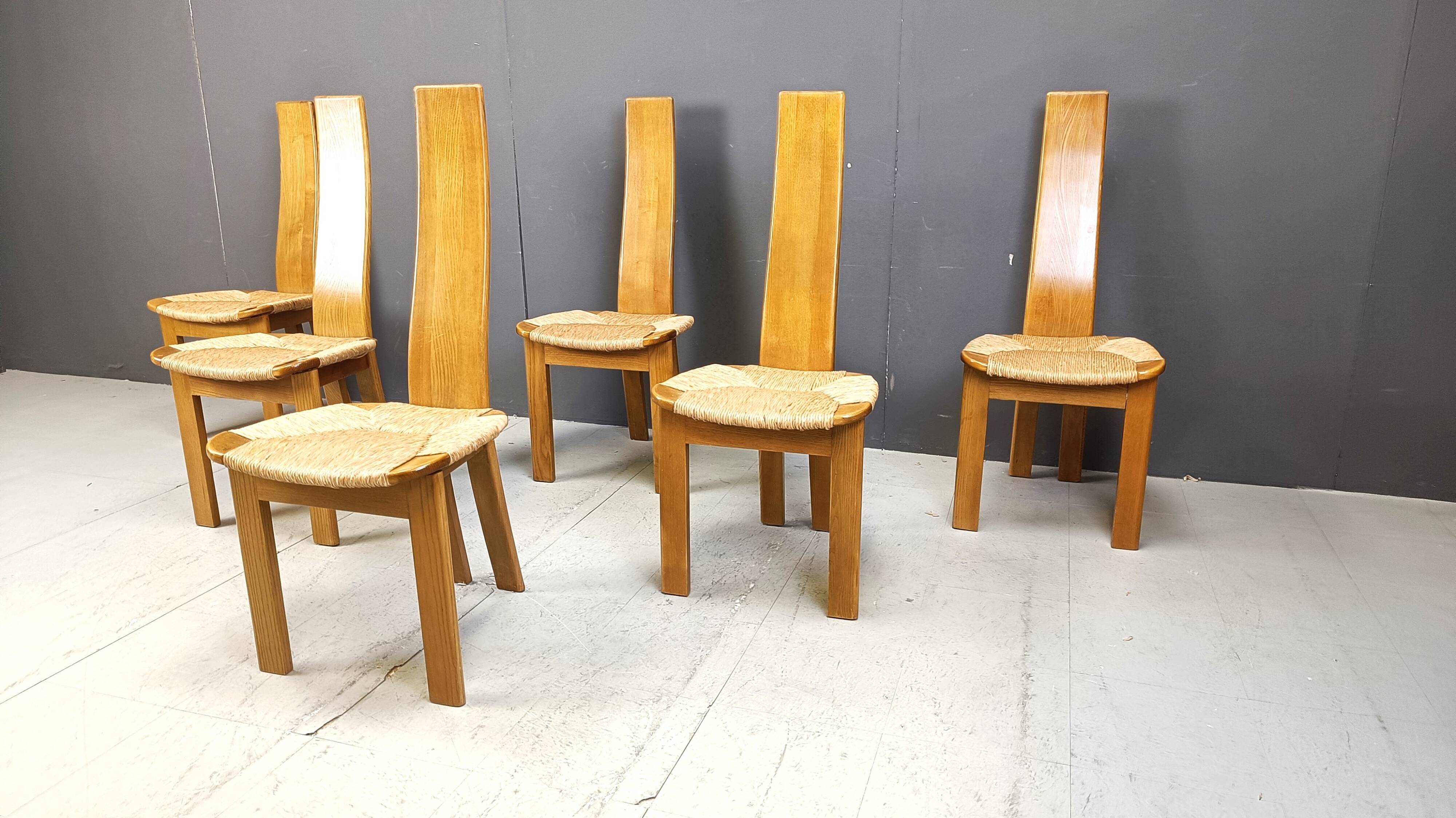 Vintage hich back wicker dining chairs, set of 6 - 1960s