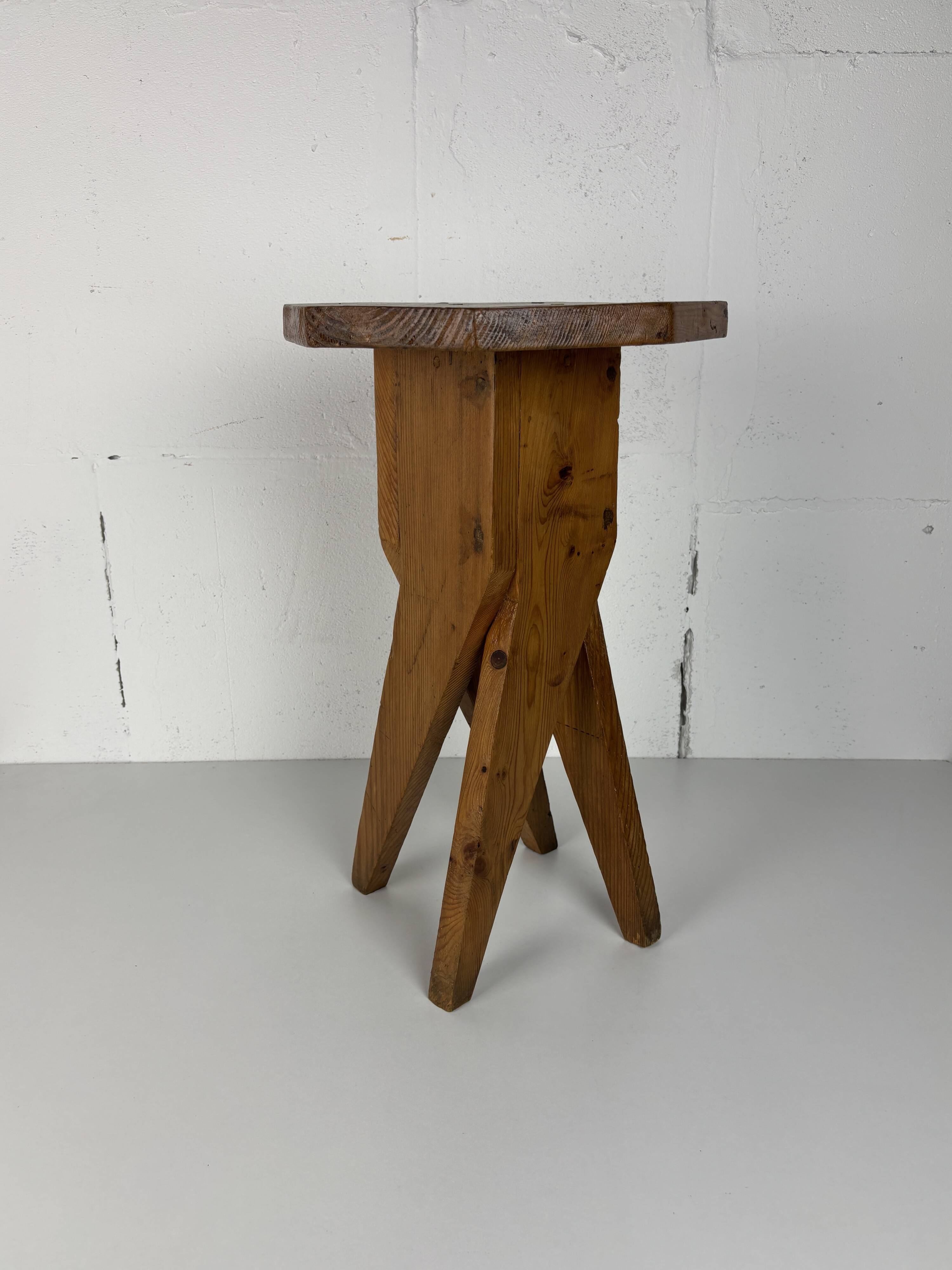Midcentury brutalist artisanal rustic handcrafted stool, France 1960s