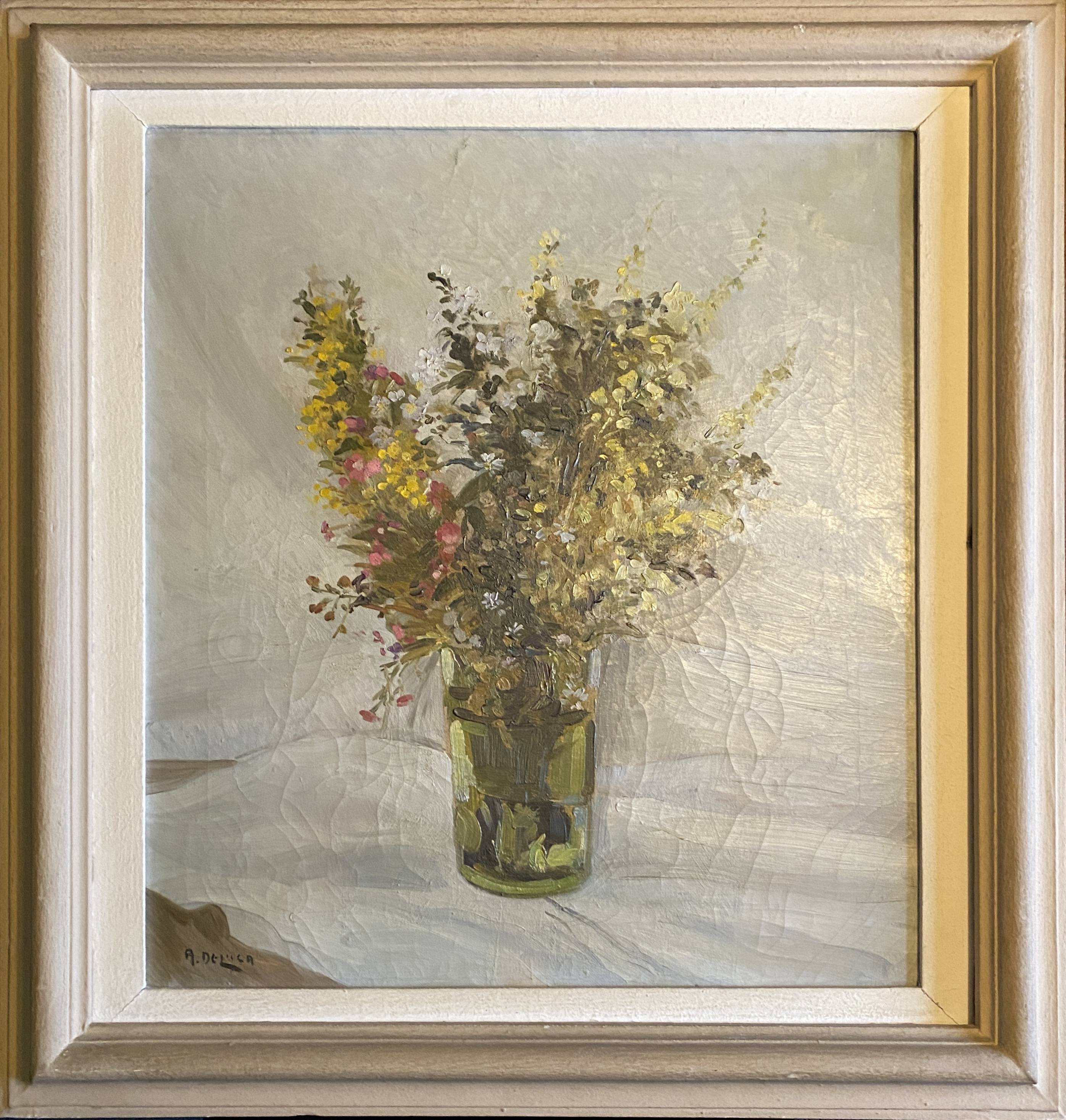 Painting "bouquet of flowers" post impressionist signed a. de luca + frame