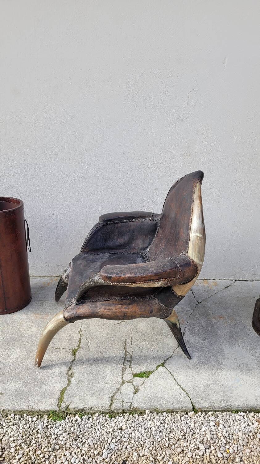 Fauteuil en corne et cuir ancien - 1950s