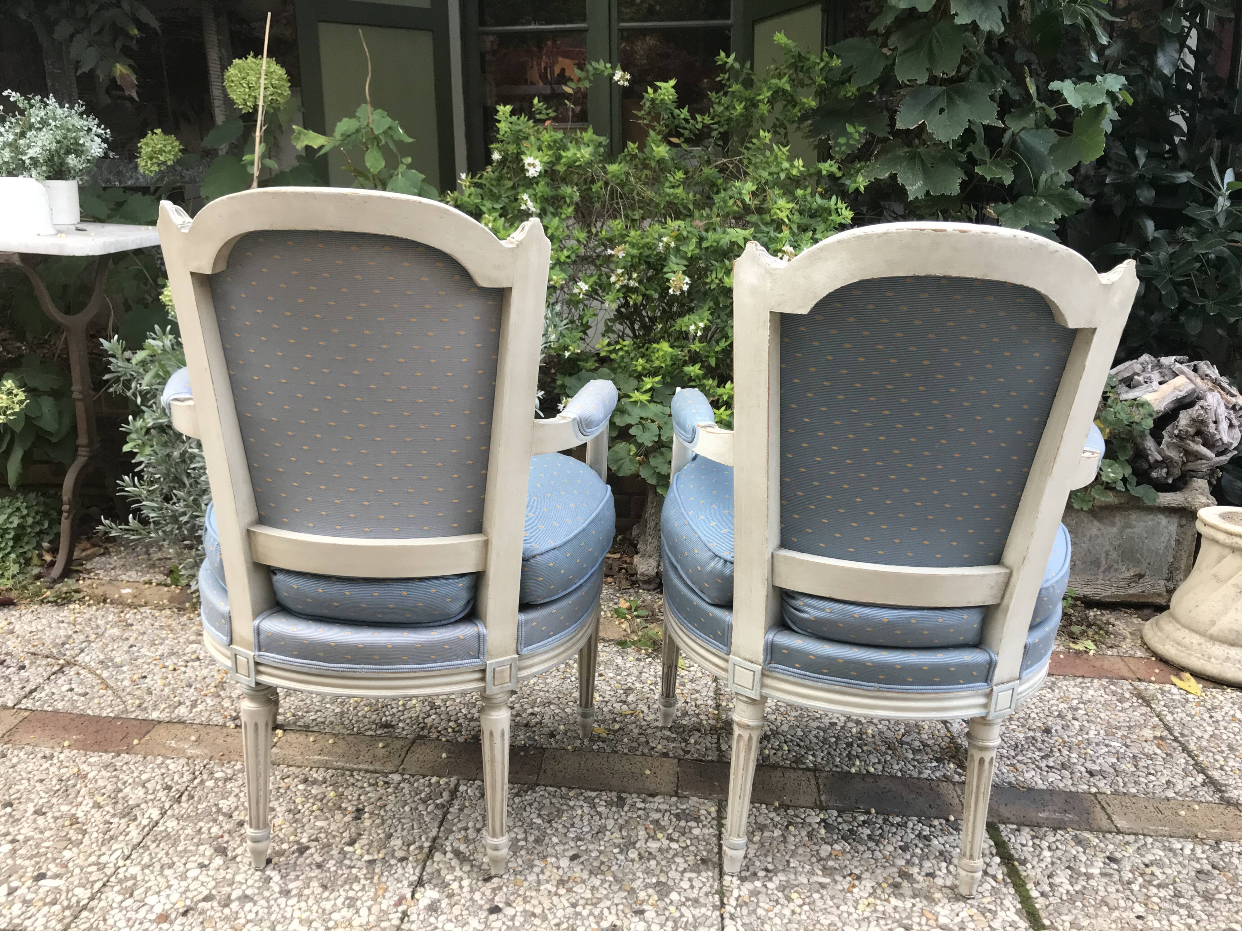 Pair of blue Louis XVI style armchairs