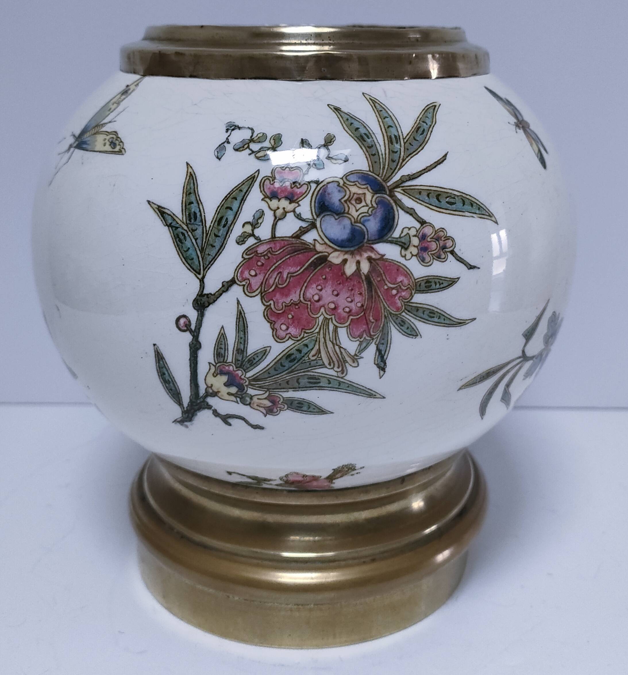 round vase earthenware brass decorated with flowers and insects early 20th century